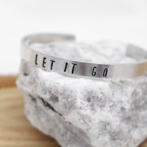 Let It Go - Hand Stamped Anodized Aluminum Bangle - Adjustable - Picture 5 of 11